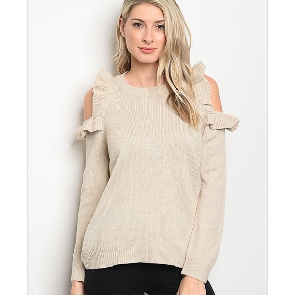 LAST ONE!!! Oatmeal Ruffle Cold Shoulder Sweater - Picture 2 of 3